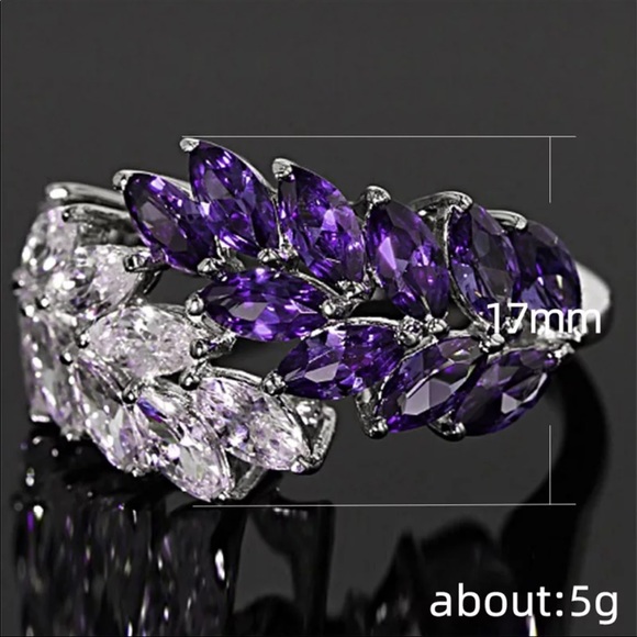 New 925 Silver White Purple Zircon Leaf Cut Ring - Picture 5 of 5
